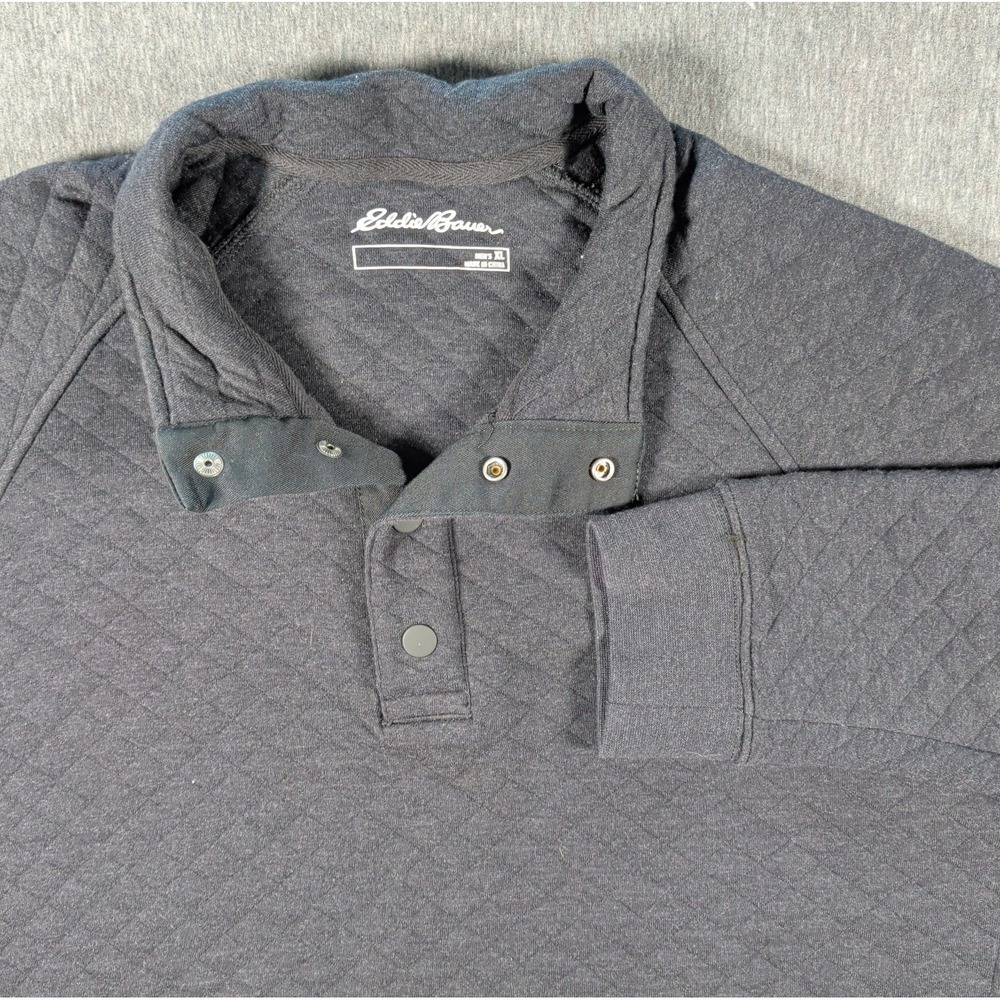 EDDIE BAUER Pullover 1/4 Snap Mock Quilted Black Sz XL Sweater Midweight EUC - Picture 3 of 8